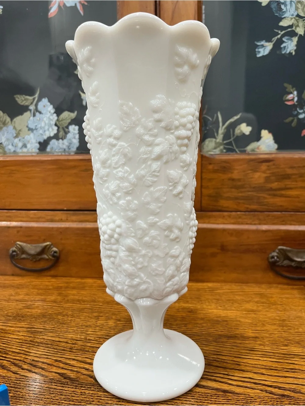 Vintage Westmoreland Paneled Grape Milk Glass Vase 11.5” Tall